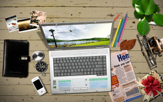 Laptop wooden table phone items - a phone free wallpaper