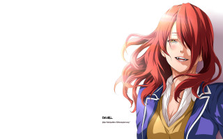 Woman red hair blue jacket - smiling free wallpaper