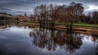 River trees cloudy sky building - heidelberg school free wallpaper