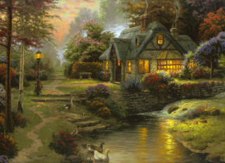 House stream swans light painting - a painting of a house free wallpaper