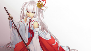 Woman sword crown sitting red - ukiyoe free wallpaper