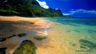 Beach rock water mountain clouds - beautiful scenery free wallpaper for desktop