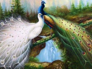 Peacock tail waterfall trees foreground - canvas painting free wallpaper