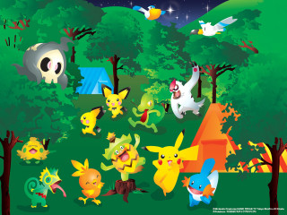Pokemon playing woods night tent - a group of pokemons free wallpaper