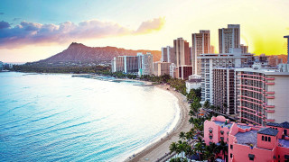 City ocean mountain sunset pink - a city next free wallpaper