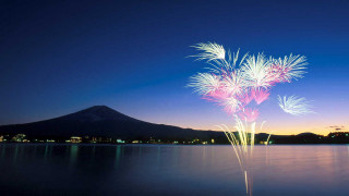 Fireworks lake mountain night blue - purple free wallpaper