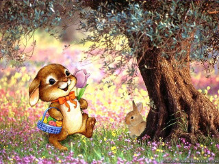 Rabbit holding flowers field trees - beatrix potter free wallpaper