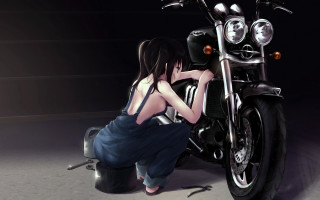 Woman kneeling motorcycle dark helmet - her free wallpaper