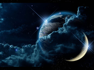 Planet crescent stars sky night - a. hardy free wallpaper