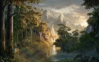 Forest waterfall castle deer painting 2 - christophe vacher free wallpaper