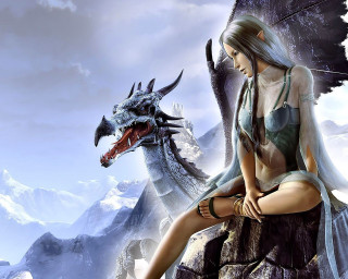 Woman dragon rock sitting long - dragon art free wallpaper