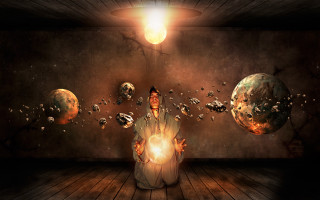 Man sitting room light planets - metaphysical painting free wallpaper