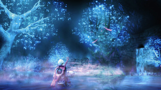 Woman red dress forest waterfall - matte fantasy painting free wallpaper for desktop
