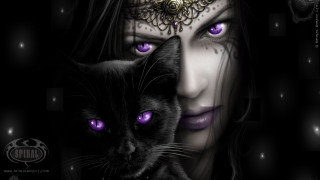 Woman purple eyes black cat 2 - purple eye free wallpaper