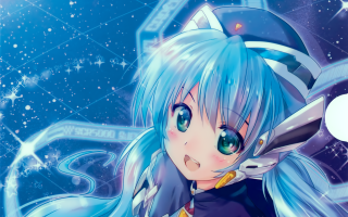 Anime girl blue hair hat - her head holding free wallpaper