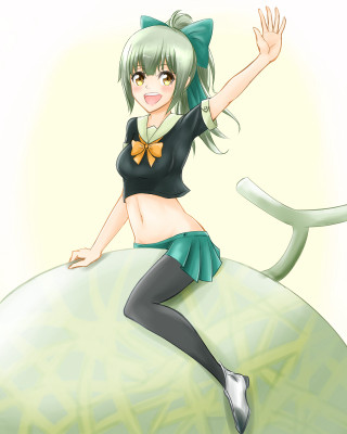 Cartoon girl green hair bow - a rock free wallpaper
