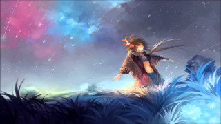 Woman rain umbrella sky stars - anime art free wallpaper