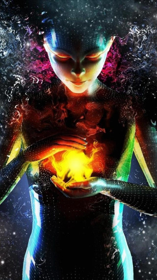 Woman holding ball of fire - cyberpunk art free wallpaper