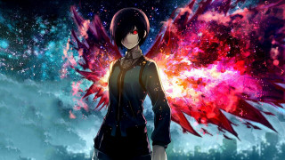 Girl red blue wings galaxy - anime art free wallpaper