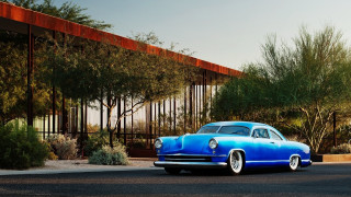 Blue car building trees road - a blue car free wallpaper