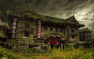 Painting building vines roof cloudy - roof free wallpaper