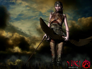 Woman costume sword bird field - epic fantasy character art free wallpaper