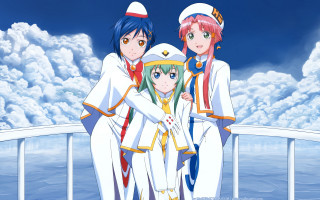 Anime girls boat ocean clouds - a boat in the ocean free wallpaper