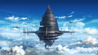 Futuristic city clouds planes blue - a blue sky background free wallpaper