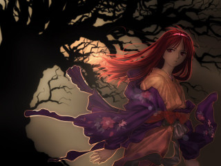 Woman red hair dress walking - front of a tree free wallpaper
