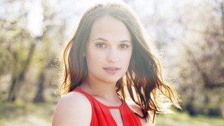 Woman red dress posing park - free portrait wallpaper