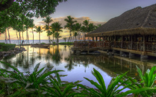 Tropical resort lake boat sunset - roof free wallpaper