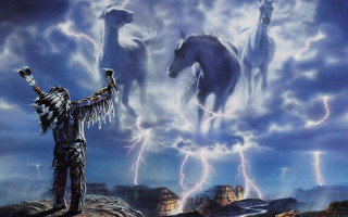 Man rock horses lightning sky - a painting of a man free wallpaper
