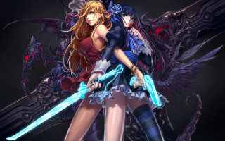 Anime characters swords wings couple - their back free wallpaper