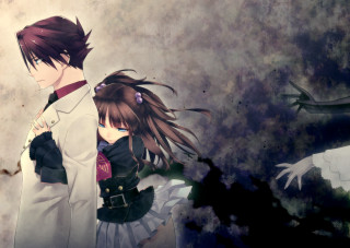 Anime couple tree leaves bird - overhead free wallpaper