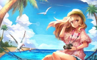 Girl beach camera birds flying - overhead free wallpaper