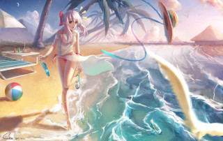 Woman beach bikini pool bird - anime art free wallpaper