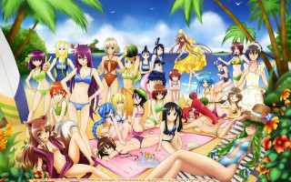 Beach girls palm trees anime - a picture together free wallpaper