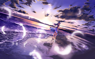 Woman walking beach sunset surfboard 2 - sunset free wallpaper