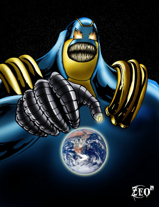 Cartoon character glove planet black - free sci-fi wallpaper