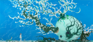 Tree white flowers man blue - chiho aoshima free wallpaper