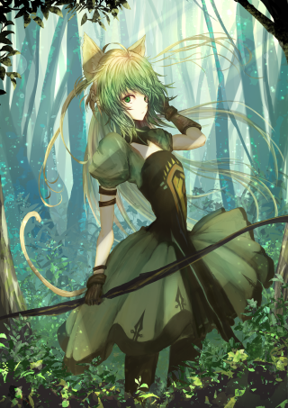 Woman green dress woods bow - fantasy art free wallpaper