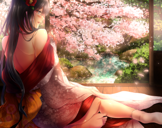 Woman kimono sitting floor window - anime art free wallpaper