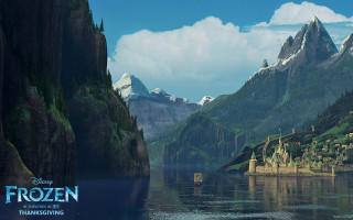 Frozen world lake mountains castle - the middle of a lake free wallpaper