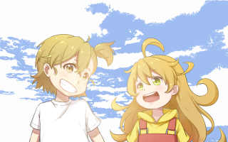 Anime characters standing mouths open - colorful cloud free wallpaper