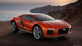 Red sports car rocky beach 3 - sunset free wallpaper