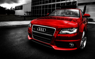 Red car parked building cloudy - a large window free wallpaper