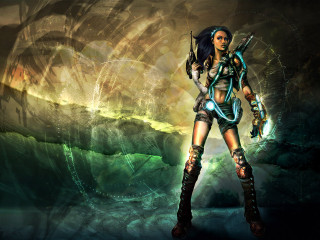Woman sword painting landscape waves - game art free wallpaper