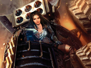 Futuristic woman suit gun machine - dieselpunk free wallpaper