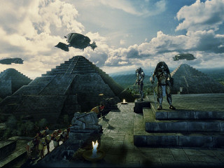 Group people stone structure sky - matte painting concept art free wallpaper