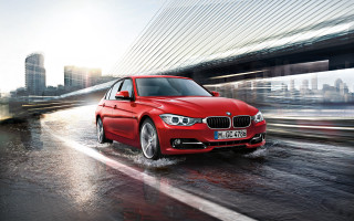 Red car wet road bridge - wet free wallpaper